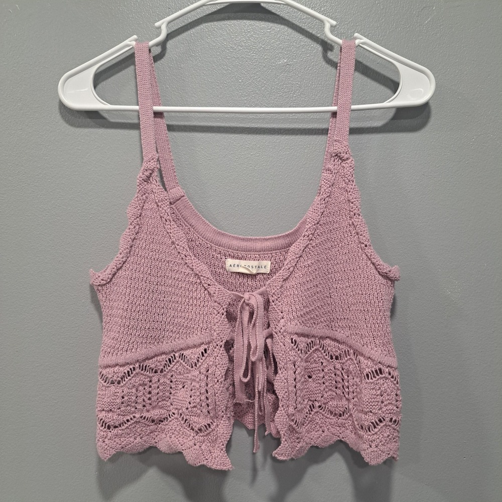 Aeropostale Knit Tie Front Cami Top‎ Purple Pointelle Cropped Tank Boho Coquette